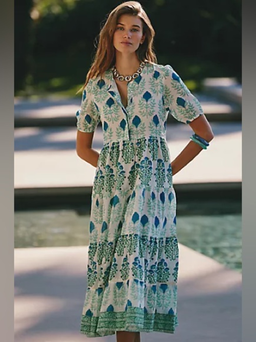 RO's GARDEN 100% Cotton Daphine Midi Teal Floral Tiered Midi Dress Size XS - Picture 2 of 6